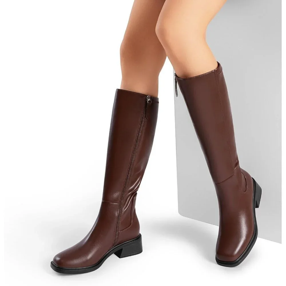 Women's Brown Block Heel Casual Long Knee High Boots Side Zipper Faux Leather